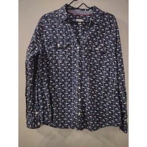 Croft and Barrow Women's Size XXL Navy Blue Swans Button Up Shirt Top Roll Tab